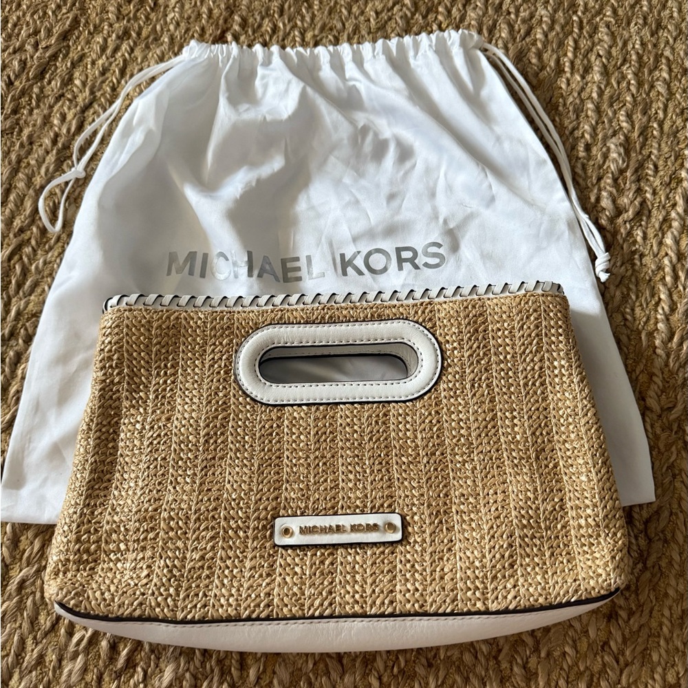 Michael Kors Women’s Rosalie Straw White Large Leather Clutch NWT